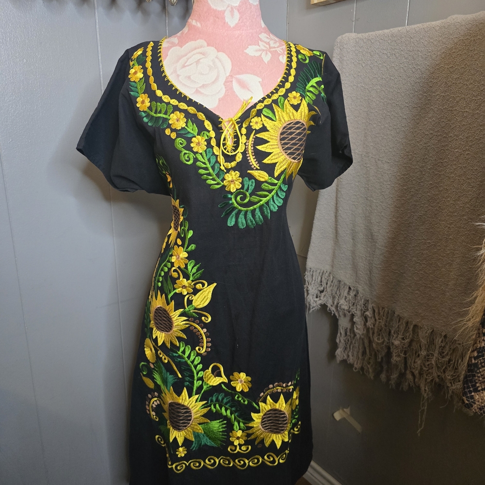 Sunflower Embroidered Black Midi Dress